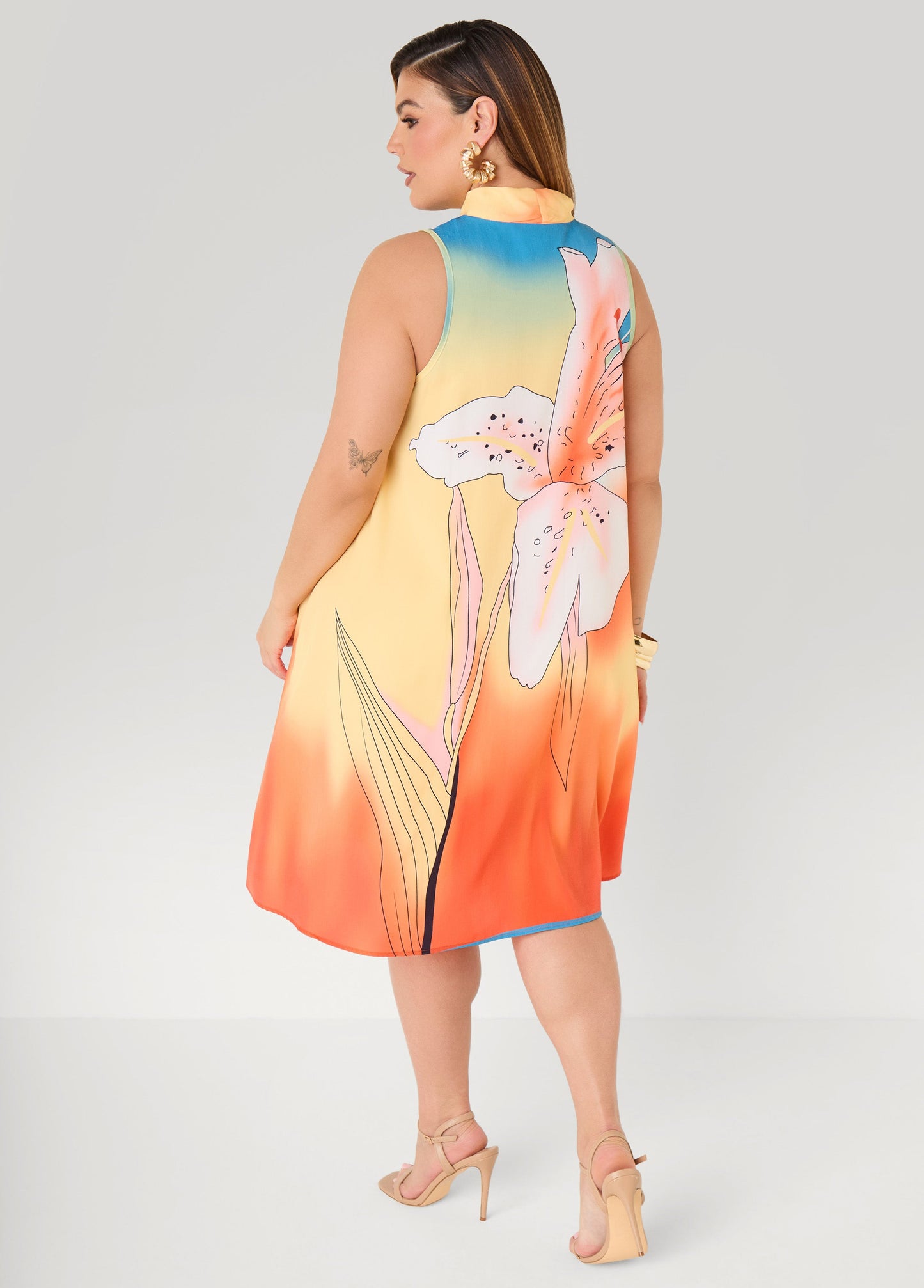 Ashley Stewart Tie Neck Floral Print Dress Multi