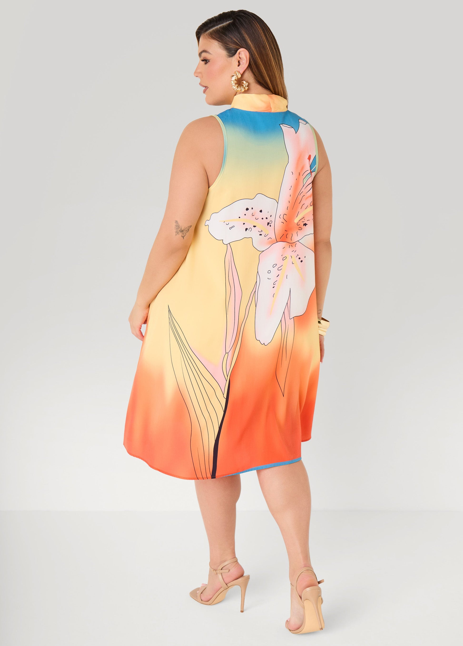 Ashley Stewart Tie Neck Floral Print Dress Multi