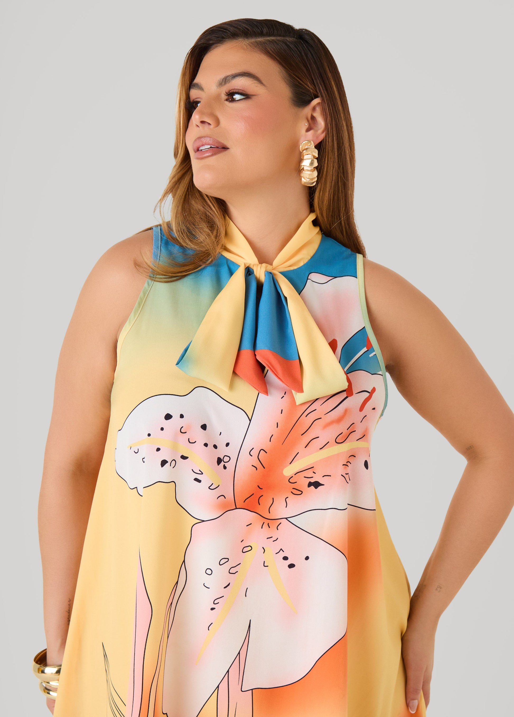 Ashley Stewart Tie Neck Floral Print Dress Multi