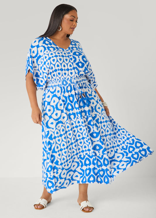 Ashley Stewart Printed Tie Back Maxi Dress Victoria Blue