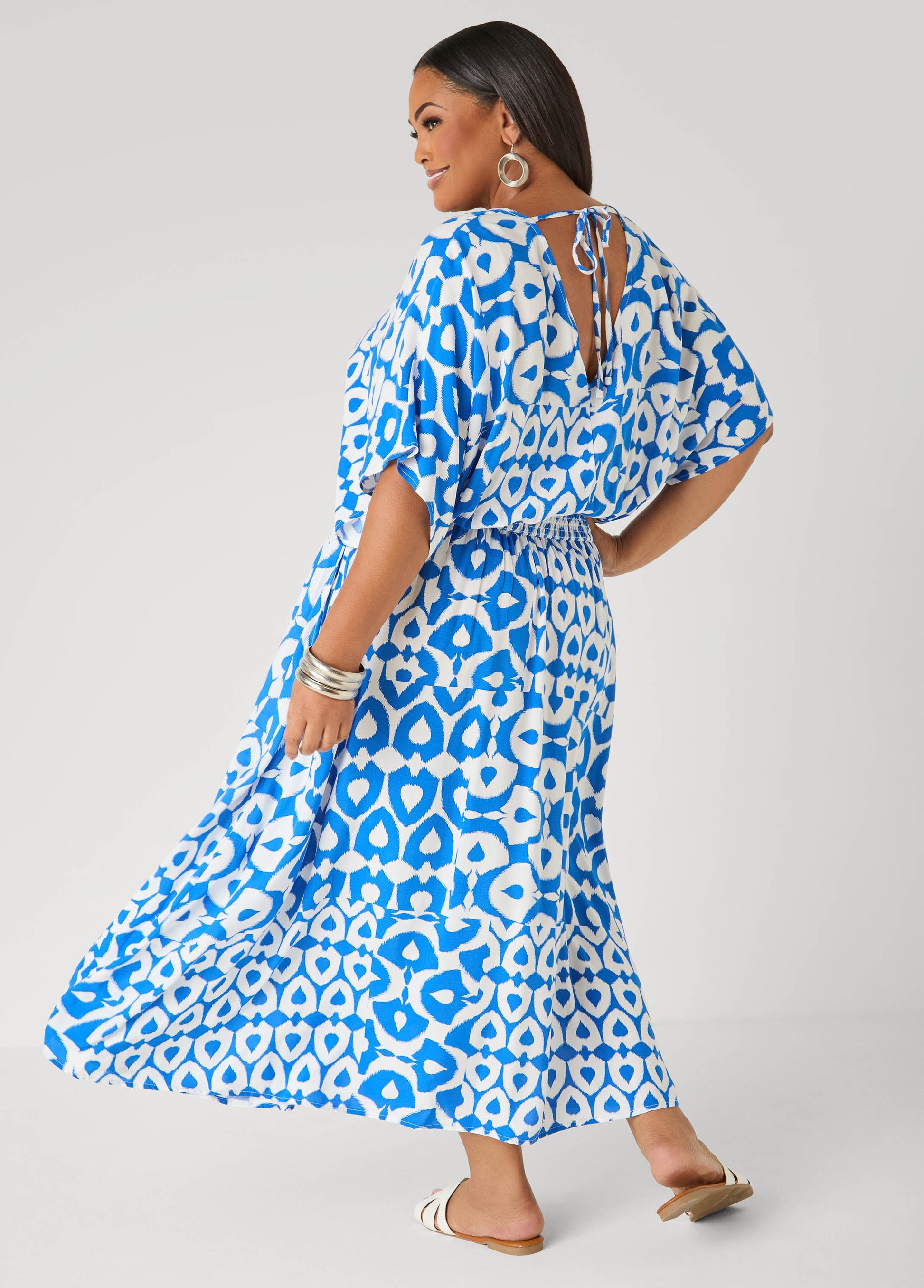 Ashley Stewart Printed Tie Back Maxi Dress Victoria Blue