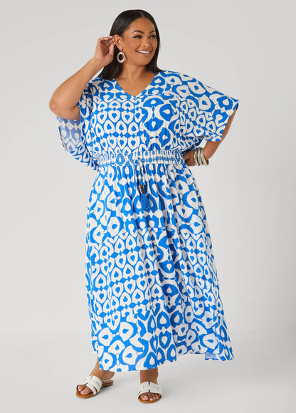 Ashley Stewart Printed Tie Back Maxi Dress Victoria Blue