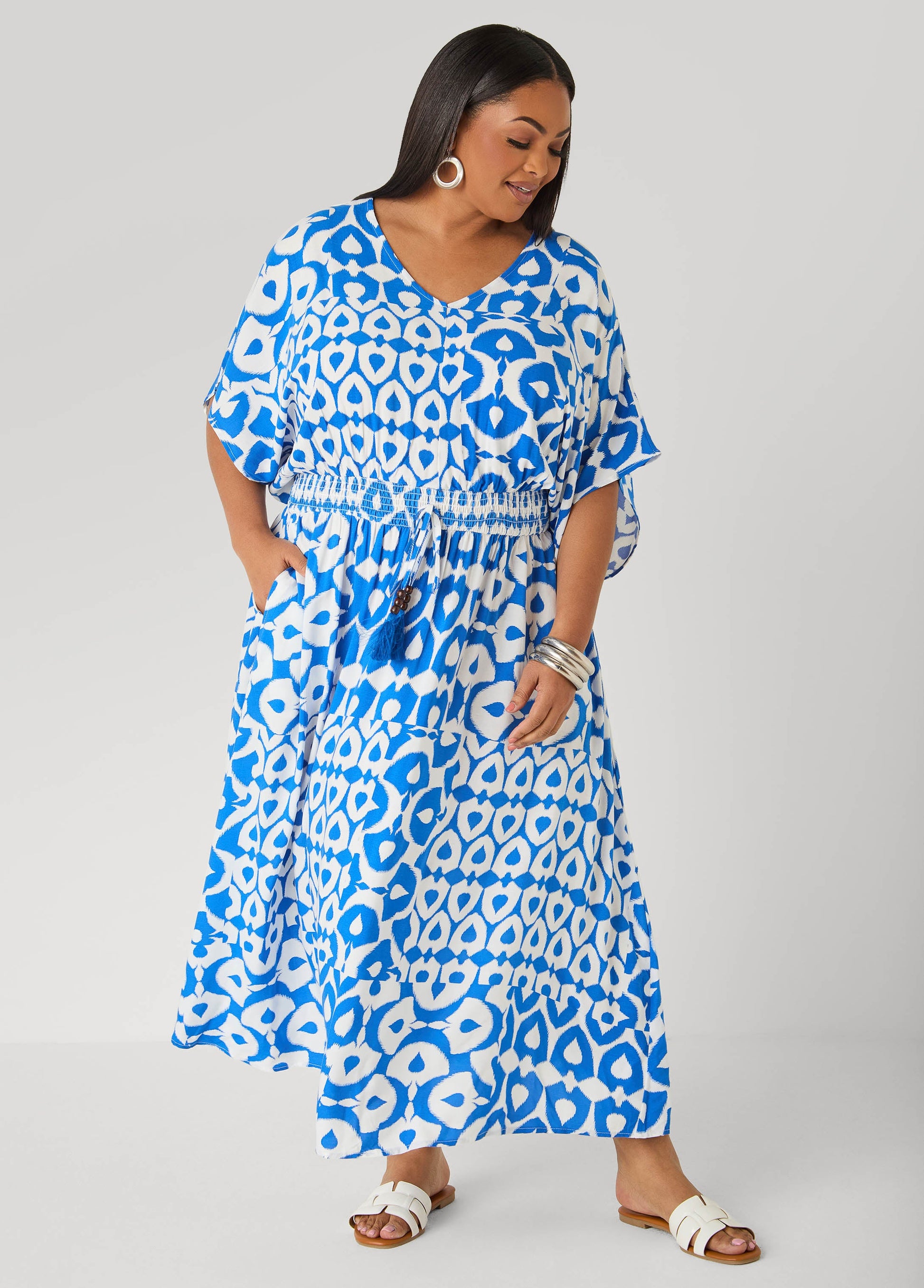 Ashley Stewart Printed Tie Back Maxi Dress Victoria Blue