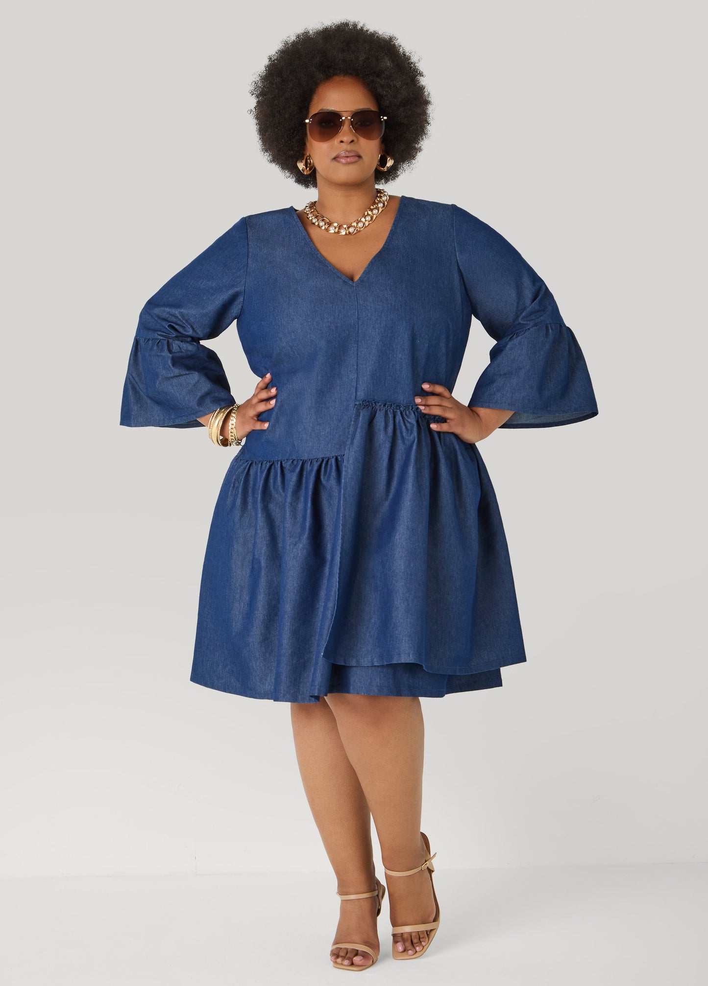 Ashley Stewart Layered Chambray Babydoll Dress Denim Blue