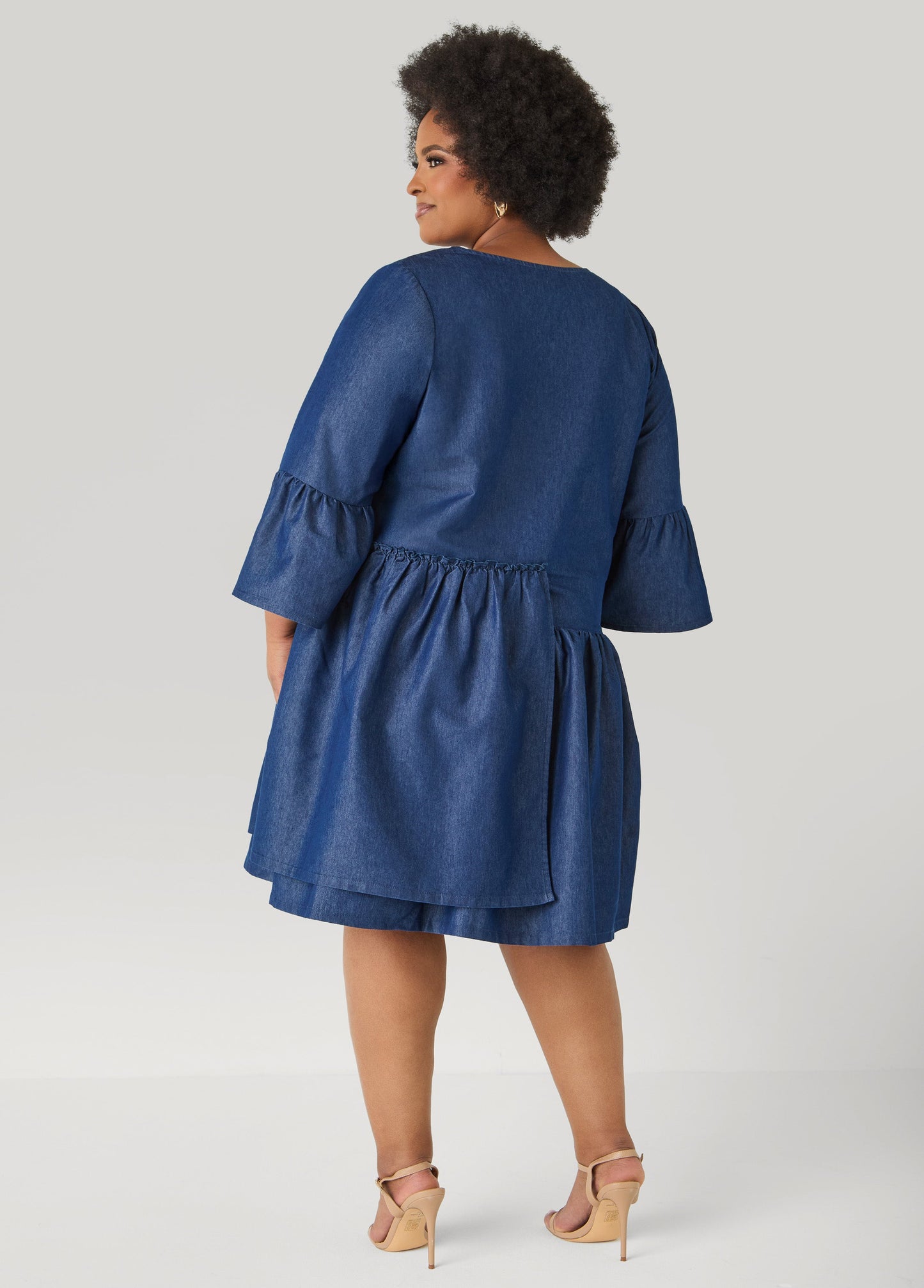 Ashley Stewart Layered Chambray Babydoll Dress Denim Blue