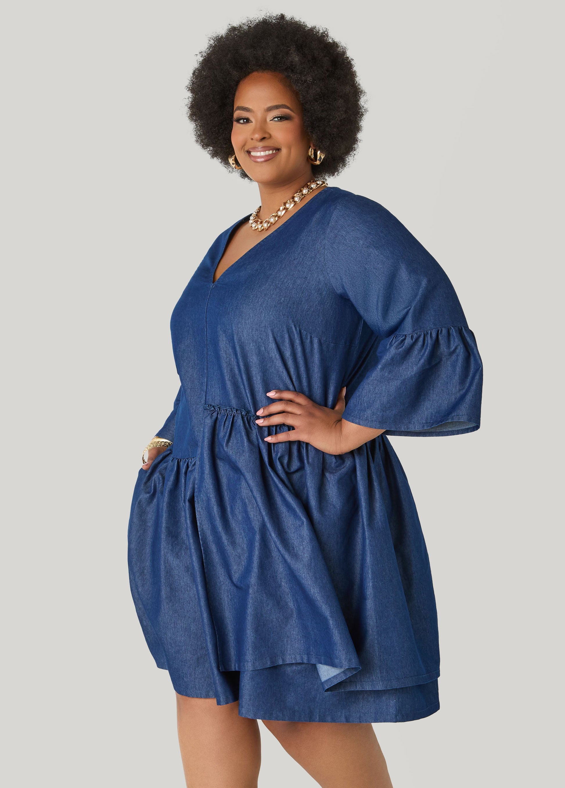 Ashley Stewart Layered Chambray Babydoll Dress Denim Blue