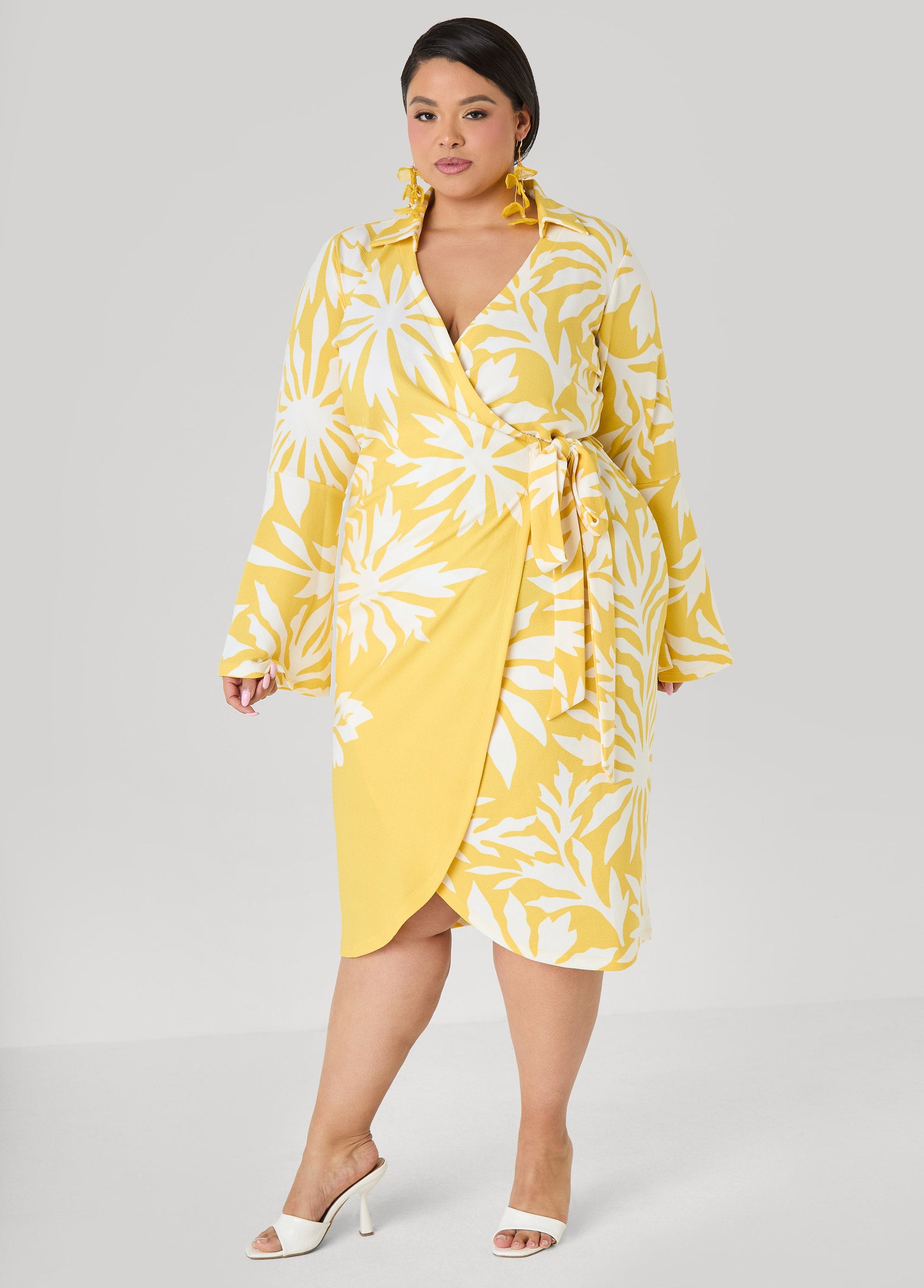 Ashley Stewart Floral Print Wrap Dress Maize