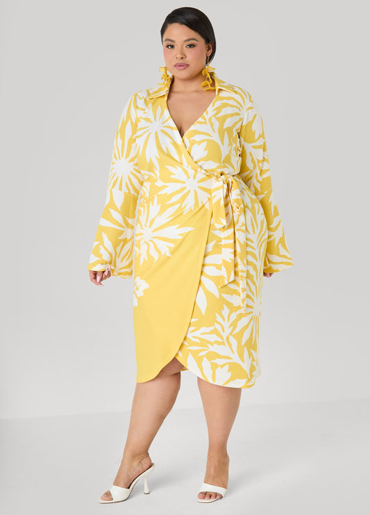 Ashley Stewart Floral Print Wrap Dress Maize