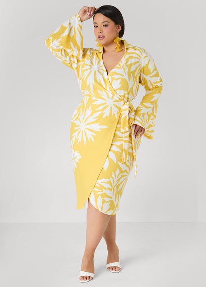 Ashley Stewart Floral Print Wrap Dress Maize