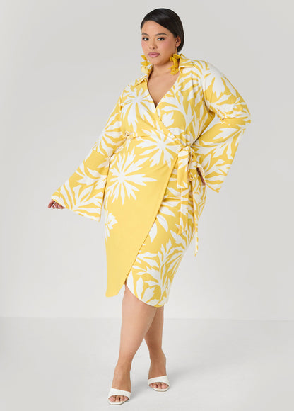Ashley Stewart Floral Print Wrap Dress Maize