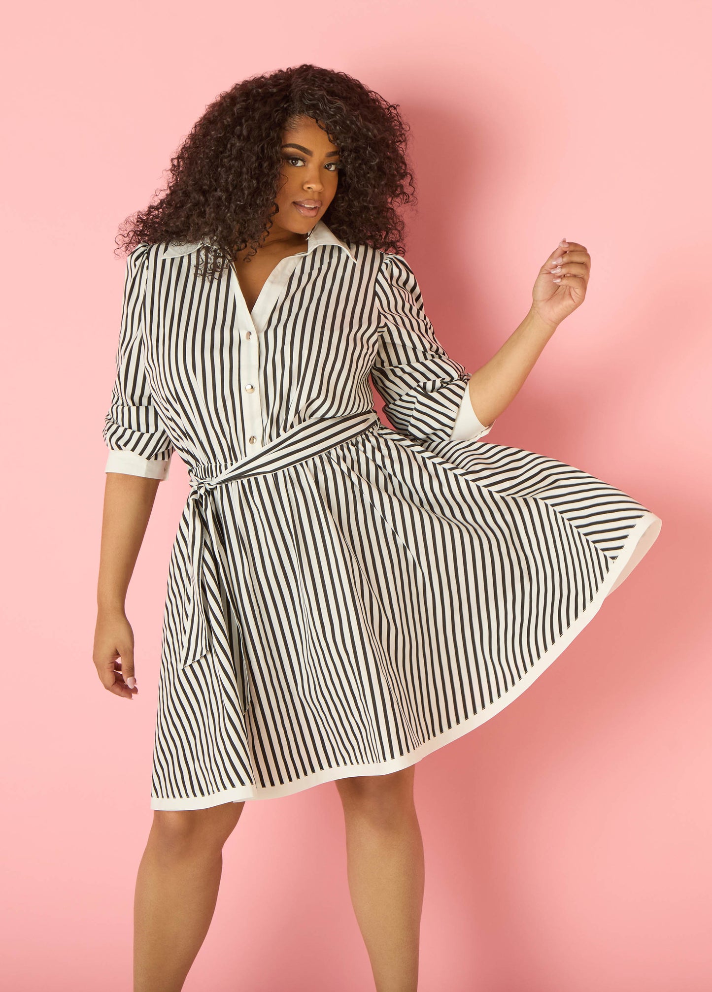 Ashley Stewart Striped A Line Shirtdress Black White