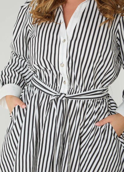 Ashley Stewart Striped A Line Shirtdress Black White