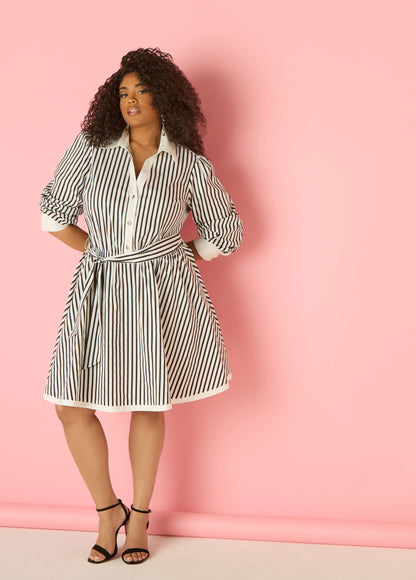 Ashley Stewart Striped A Line Shirtdress Black White