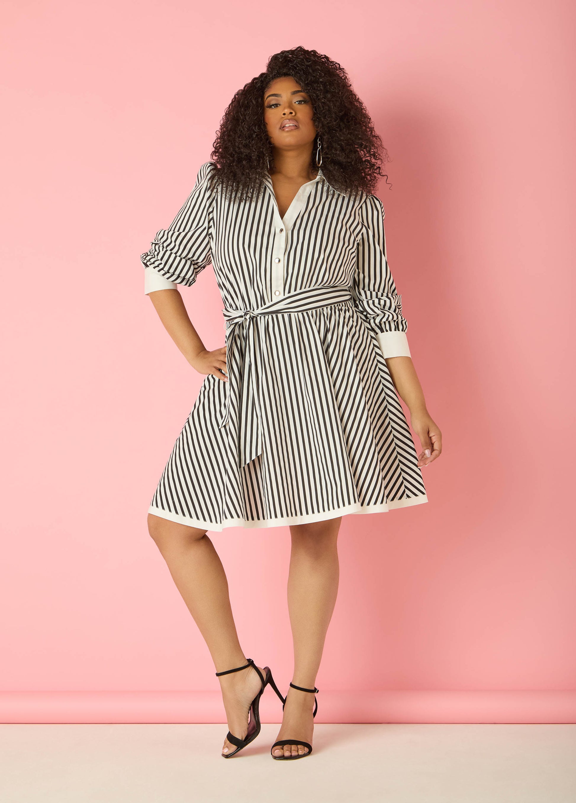 Ashley Stewart Striped A Line Shirtdress Black White