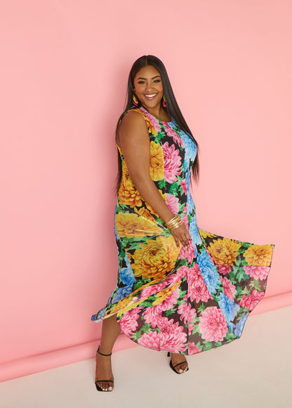 Ashley Stewart Floral Print Mesh Maxi Dress Black Combo