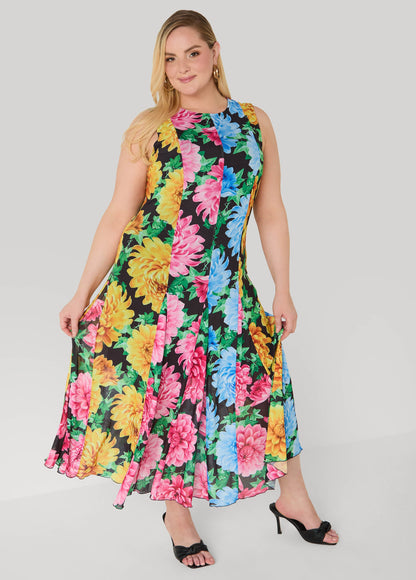 Ashley Stewart Floral Print Mesh Maxi Dress Black Combo