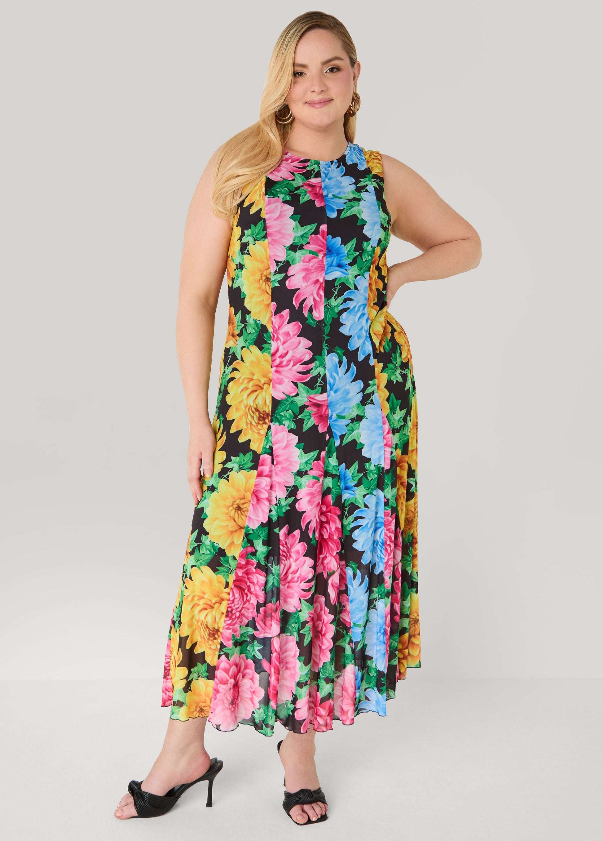 Ashley Stewart Floral Print Mesh Maxi Dress Black Combo