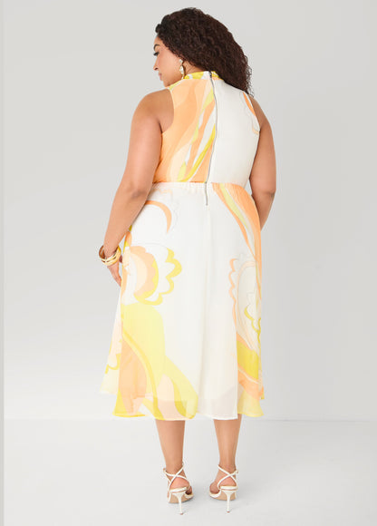 Ashley Stewart Keyhole Floral Print Midi Dress Papaya