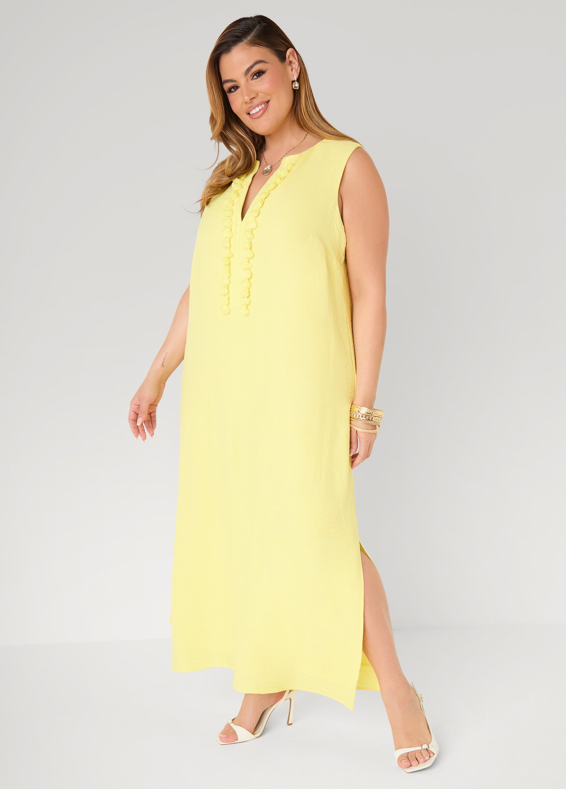 Ashley Stewart Pompom Maxi Dress Canary Yellow