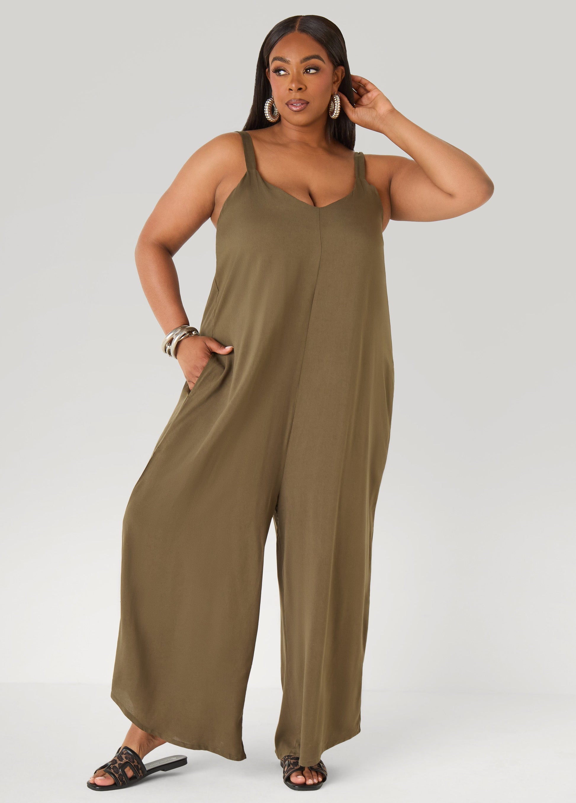 Ashley Stewart Woven Wide Leg Jumpsuit Olive Night