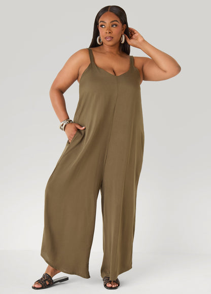Ashley Stewart Woven Wide Leg Jumpsuit Olive Night
