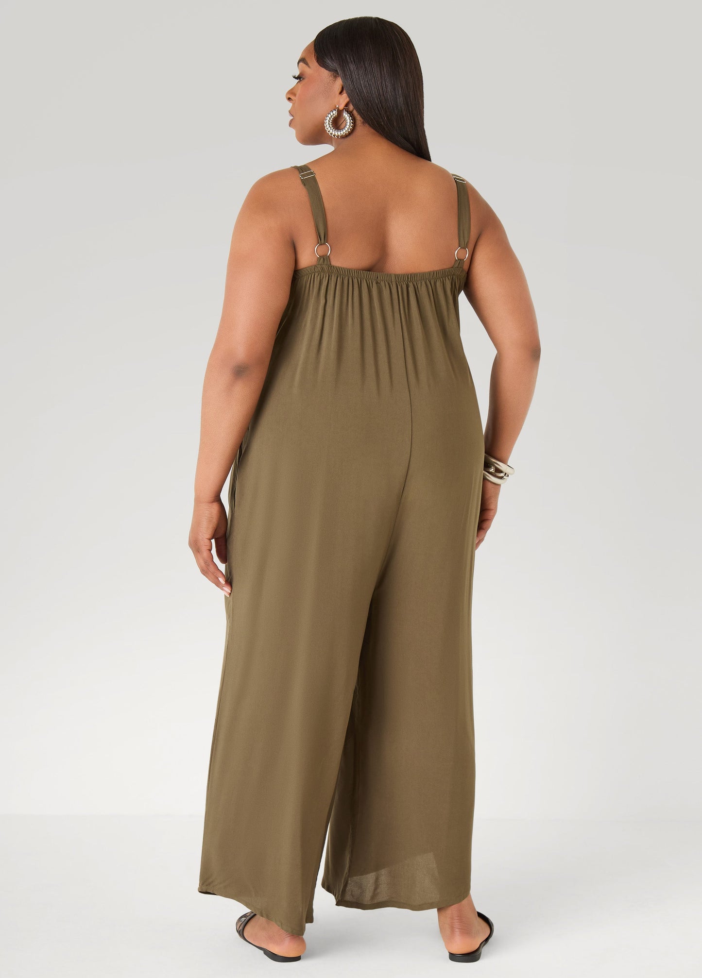 Ashley Stewart Woven Wide Leg Jumpsuit Olive Night