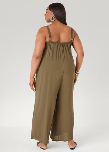 Ashley Stewart Woven Wide Leg Jumpsuit Olive Night