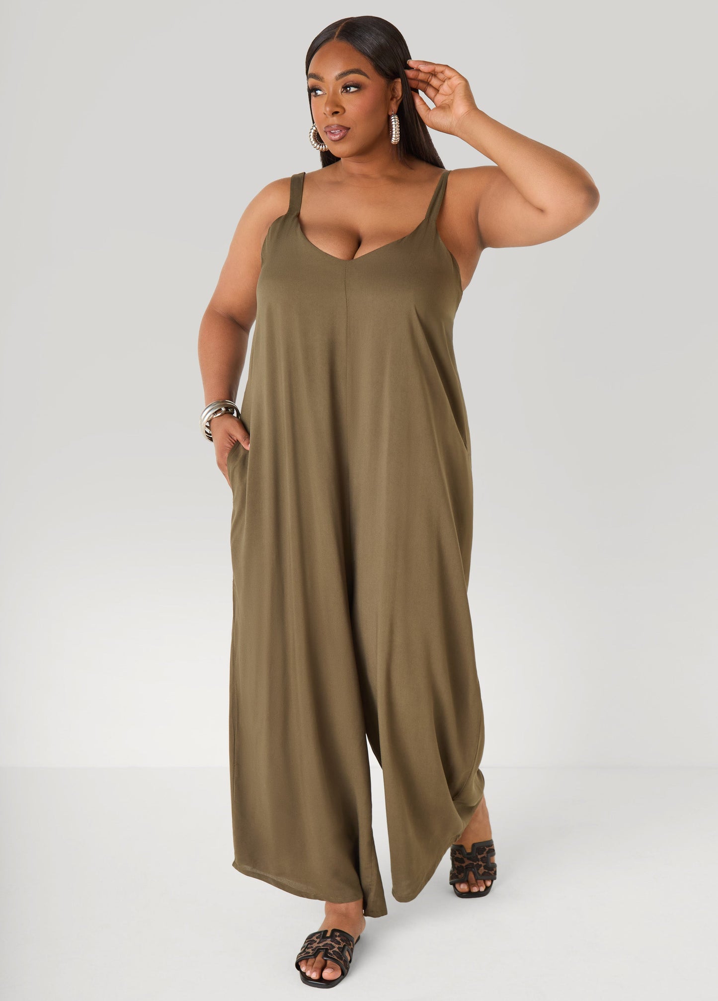 Ashley Stewart Woven Wide Leg Jumpsuit Olive Night