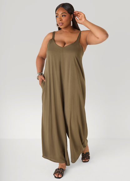 Ashley Stewart Woven Wide Leg Jumpsuit Olive Night