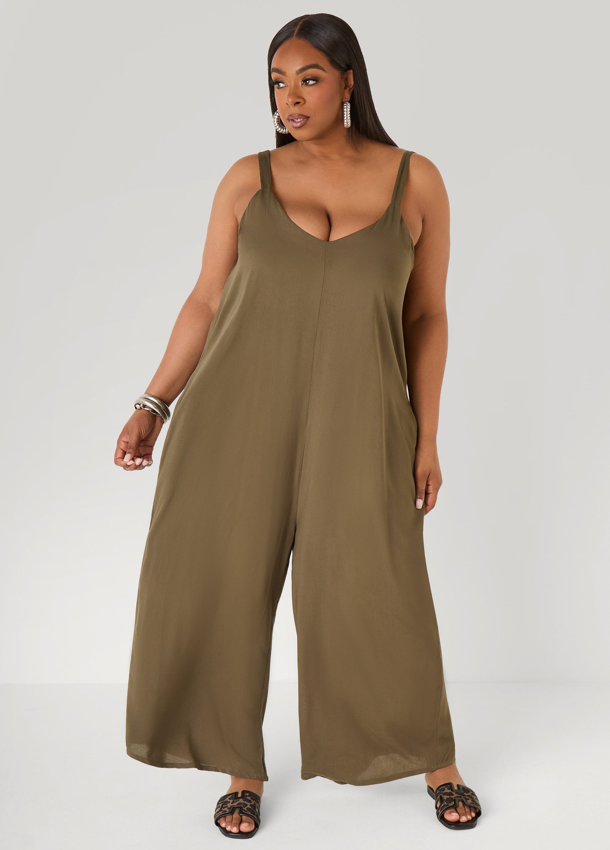 Ashley Stewart Woven Wide Leg Jumpsuit Olive Night