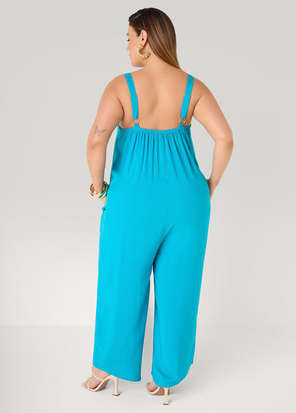 Ashley Stewart Woven Wide Leg Jumpsuit Olive Night