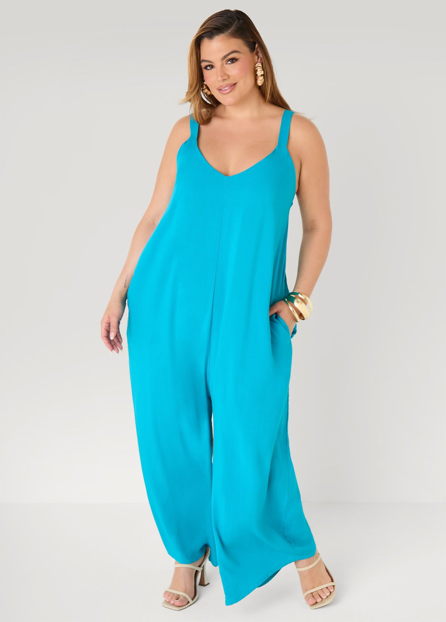 Ashley Stewart Woven Wide Leg Jumpsuit Olive Night