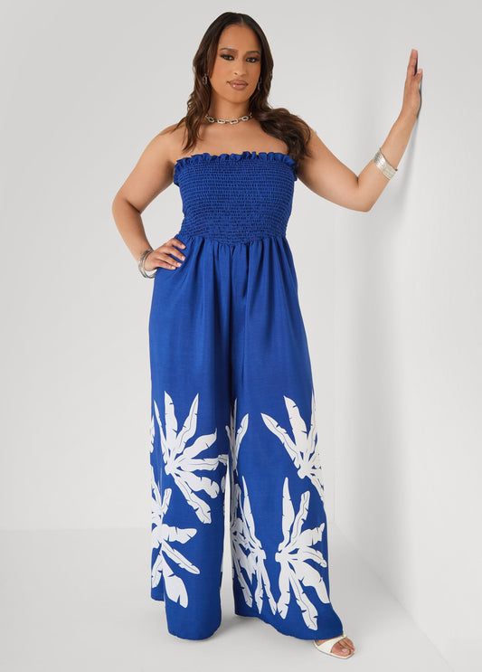 Ashley Stewart Strapless Leaf Print Jumpsuit Sodalite