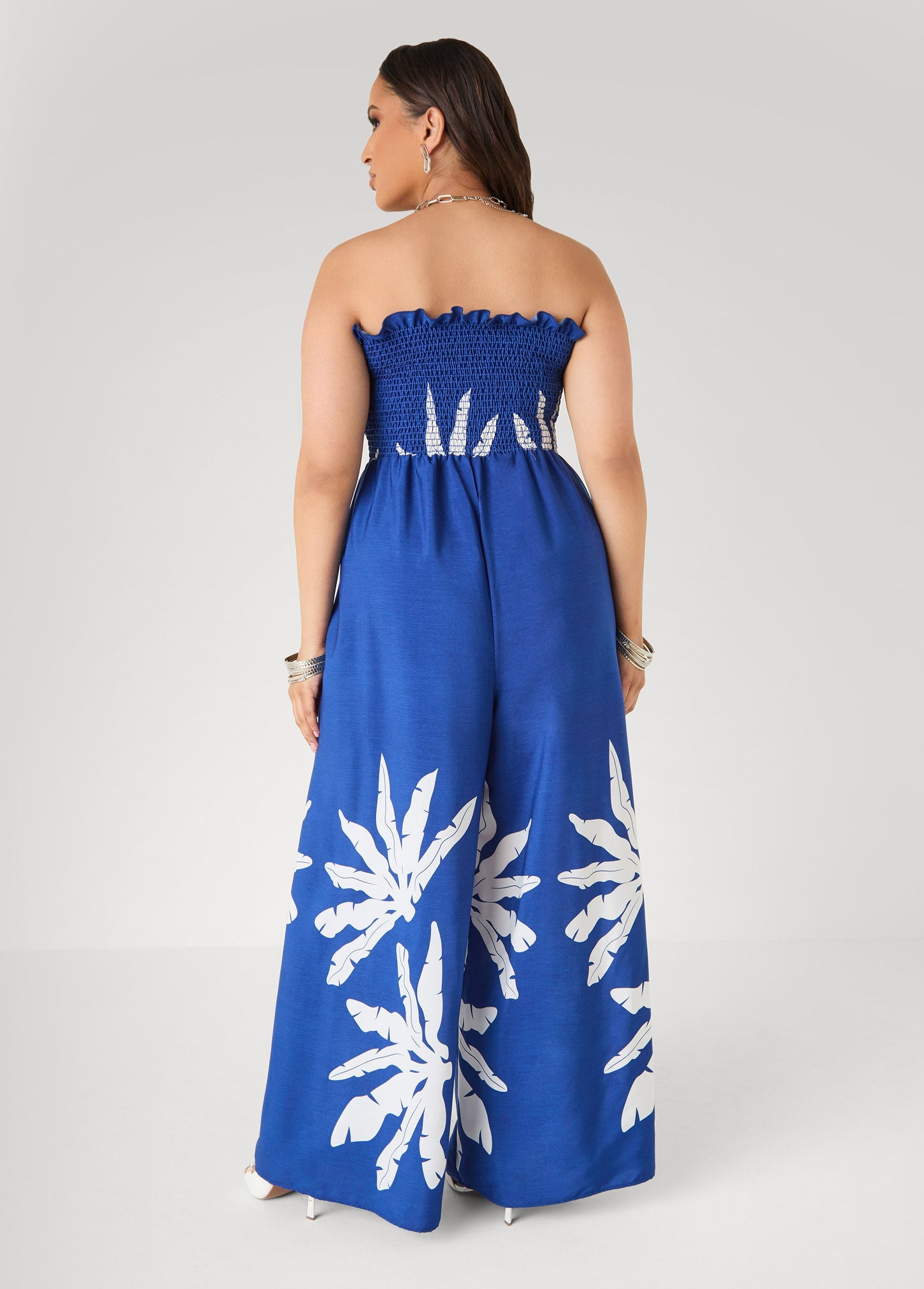 Ashley Stewart Strapless Leaf Print Jumpsuit Sodalite