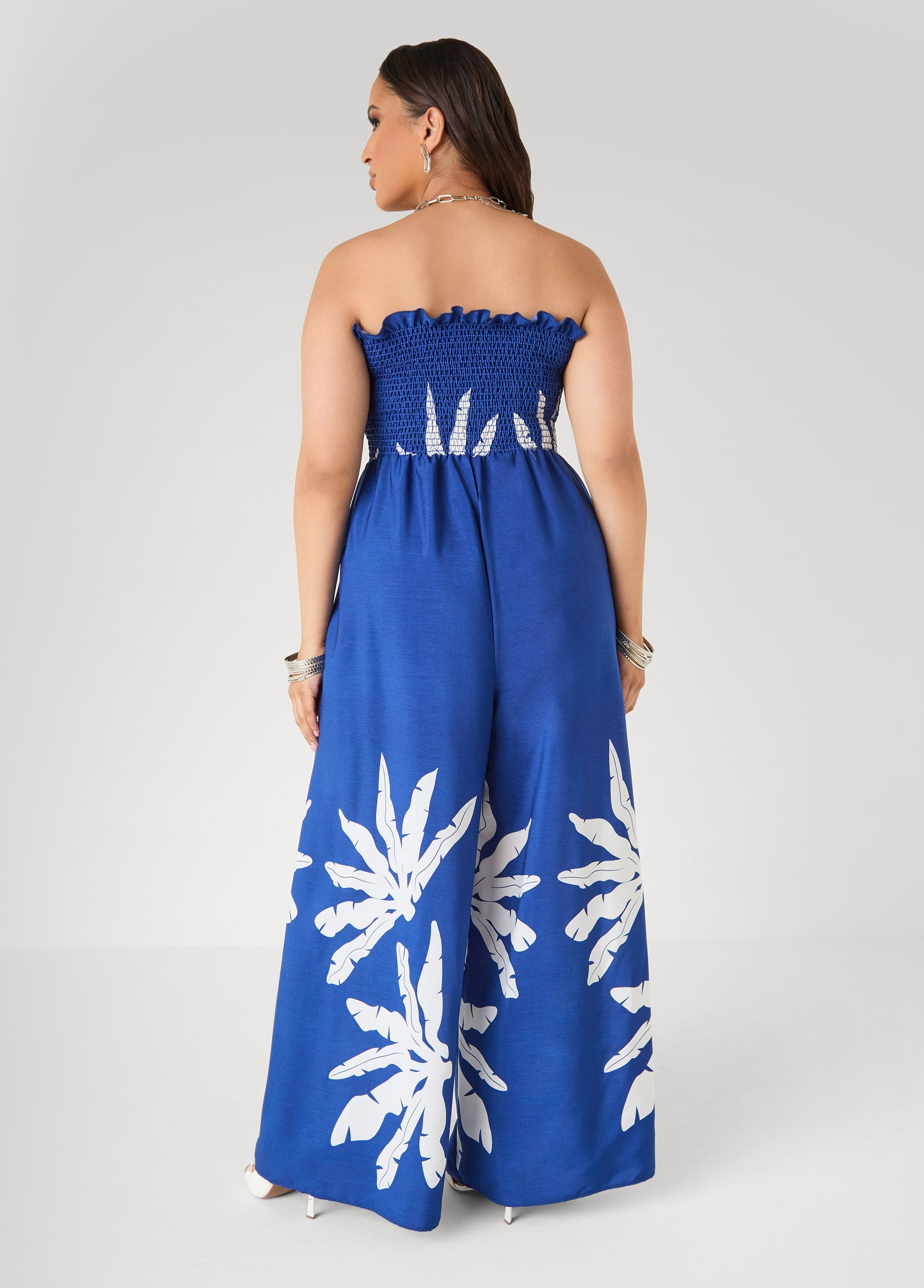 Ashley Stewart Strapless Leaf Print Jumpsuit Sodalite