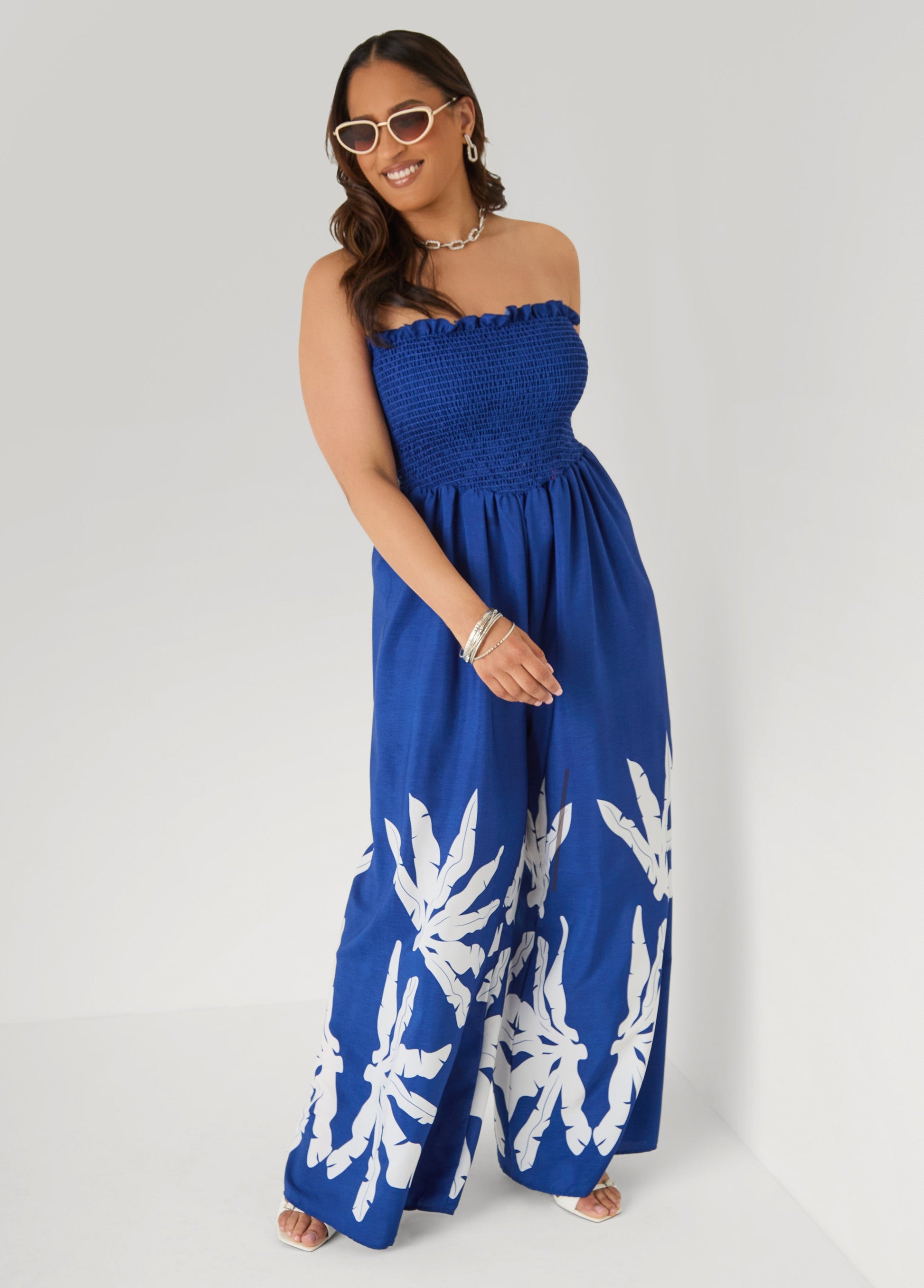 Ashley Stewart Strapless Leaf Print Jumpsuit Sodalite