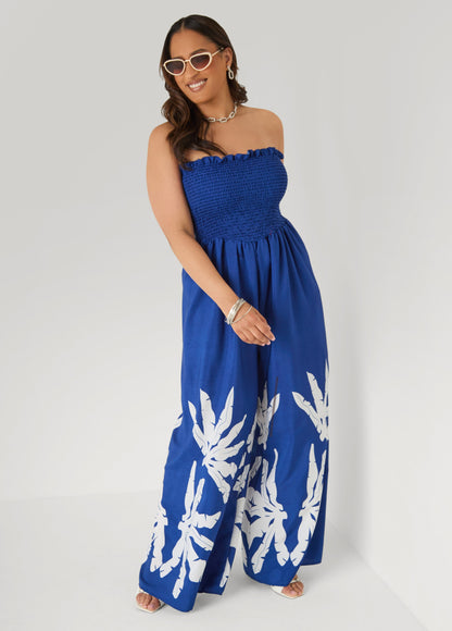Ashley Stewart Strapless Leaf Print Jumpsuit Sodalite
