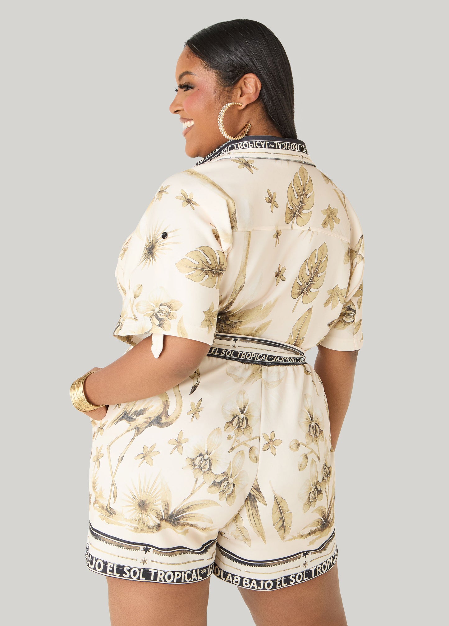 Ashley Stewart Tropical Print Romper Olive