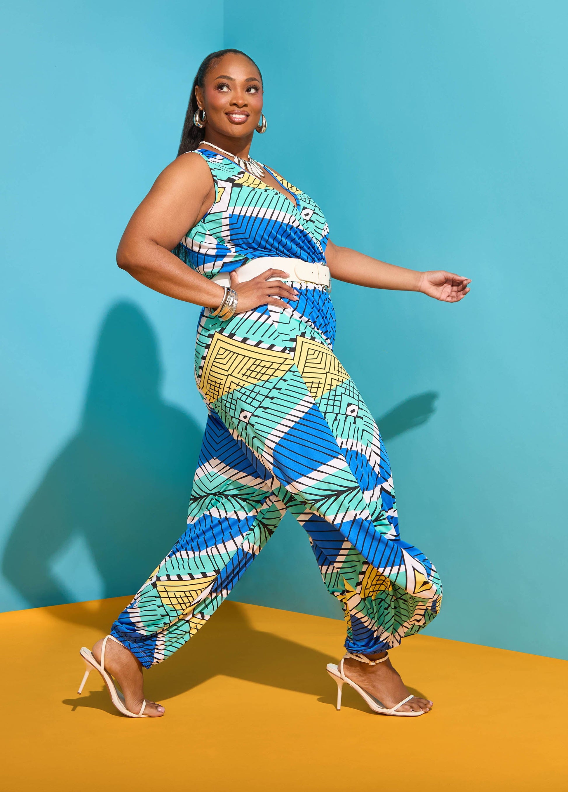 Ashley Stewart Printed Balloon Leg Jumpsuit Multi
