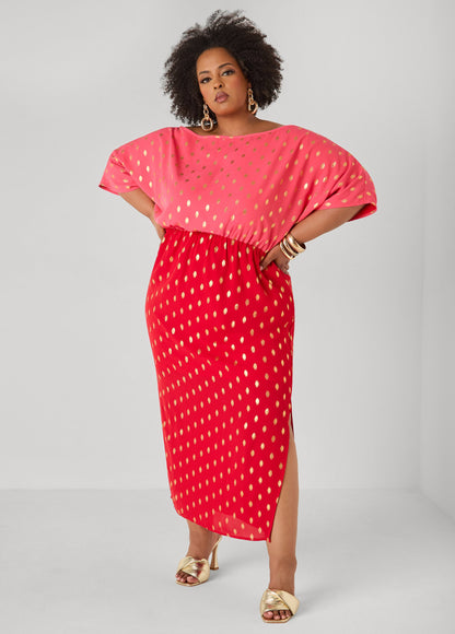 Ashley Stewart Dotted Two Tone Maxi Dress Calypso Coral