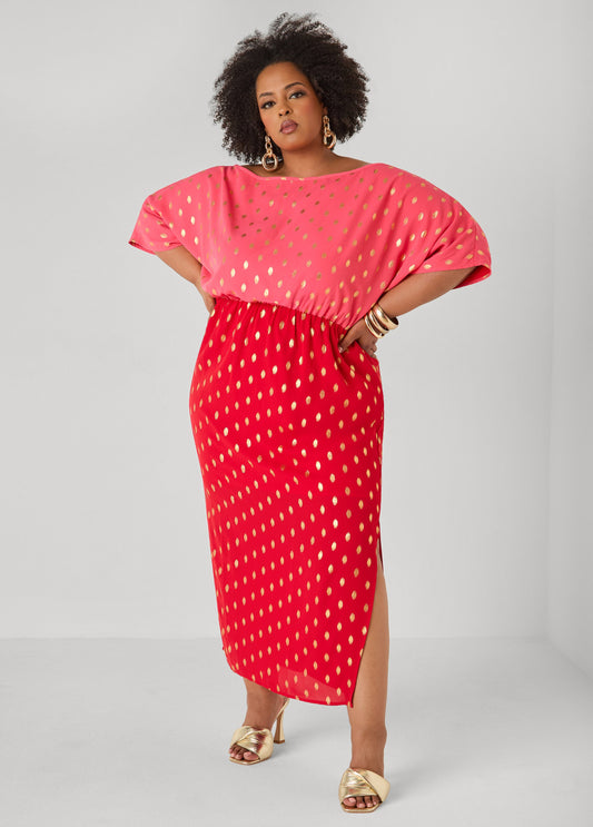 Ashley Stewart Dotted Two Tone Maxi Dress Calypso Coral