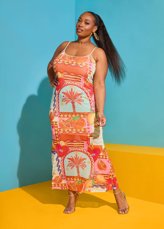 Ashley Stewart Printed Mesh Maxi Slip Dress Multi