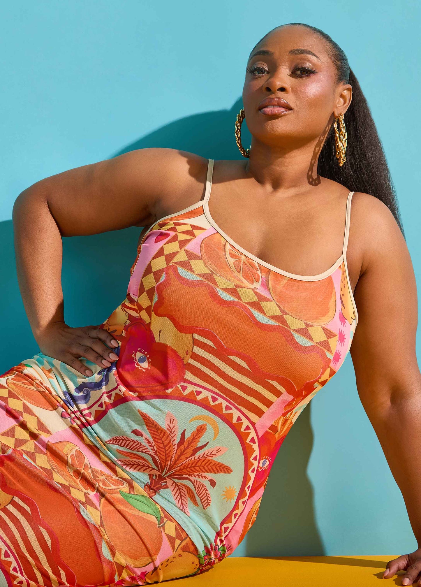 Ashley Stewart Printed Mesh Maxi Slip Dress Multi