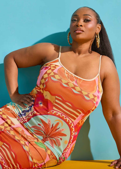 Ashley Stewart Printed Mesh Maxi Slip Dress Multi