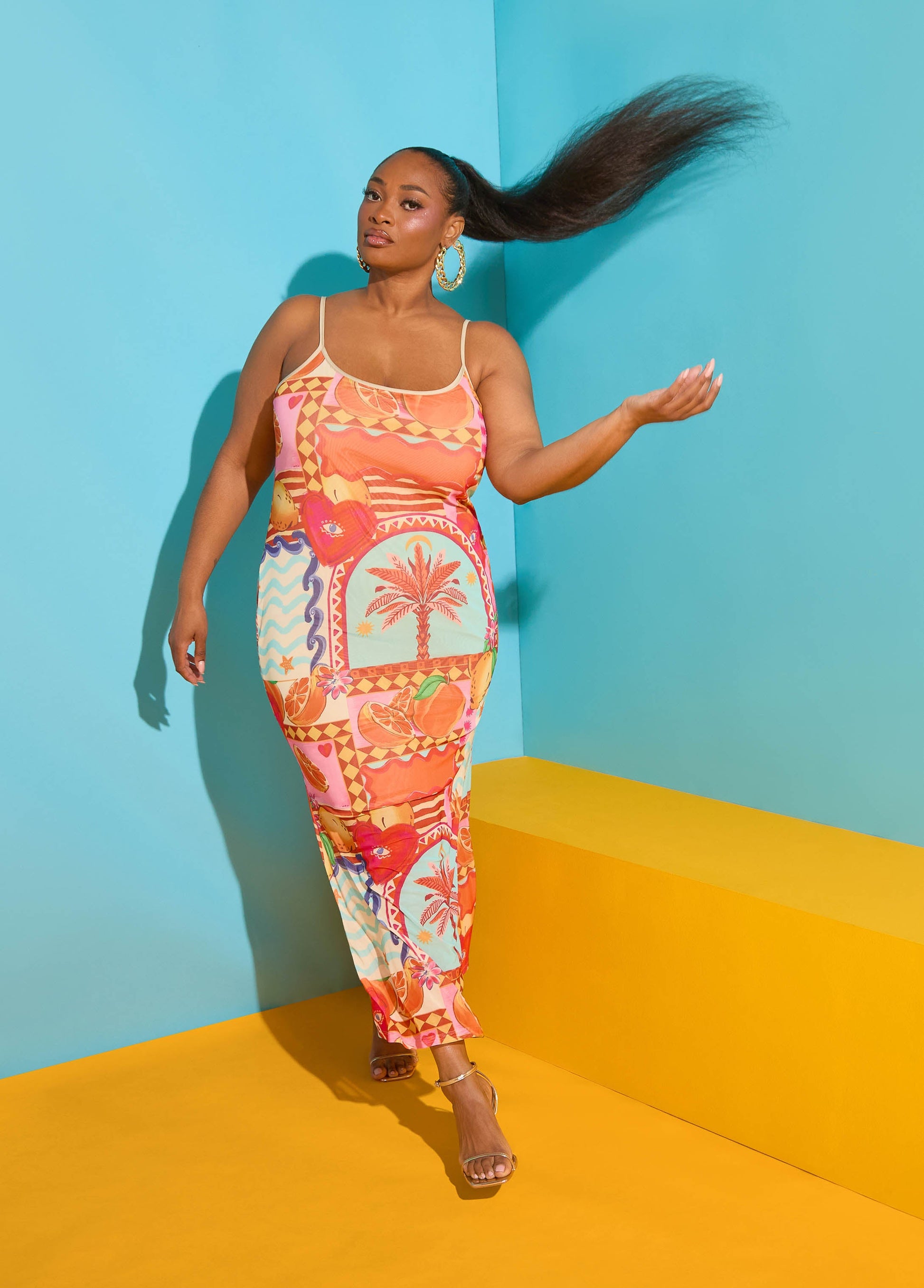 Ashley Stewart Printed Mesh Maxi Slip Dress Multi