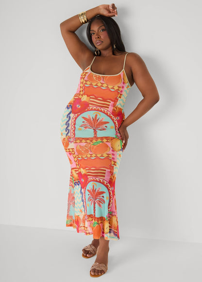 Ashley Stewart Printed Mesh Maxi Slip Dress Multi