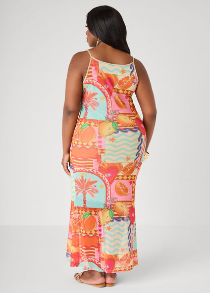 Ashley Stewart Printed Mesh Maxi Slip Dress Multi