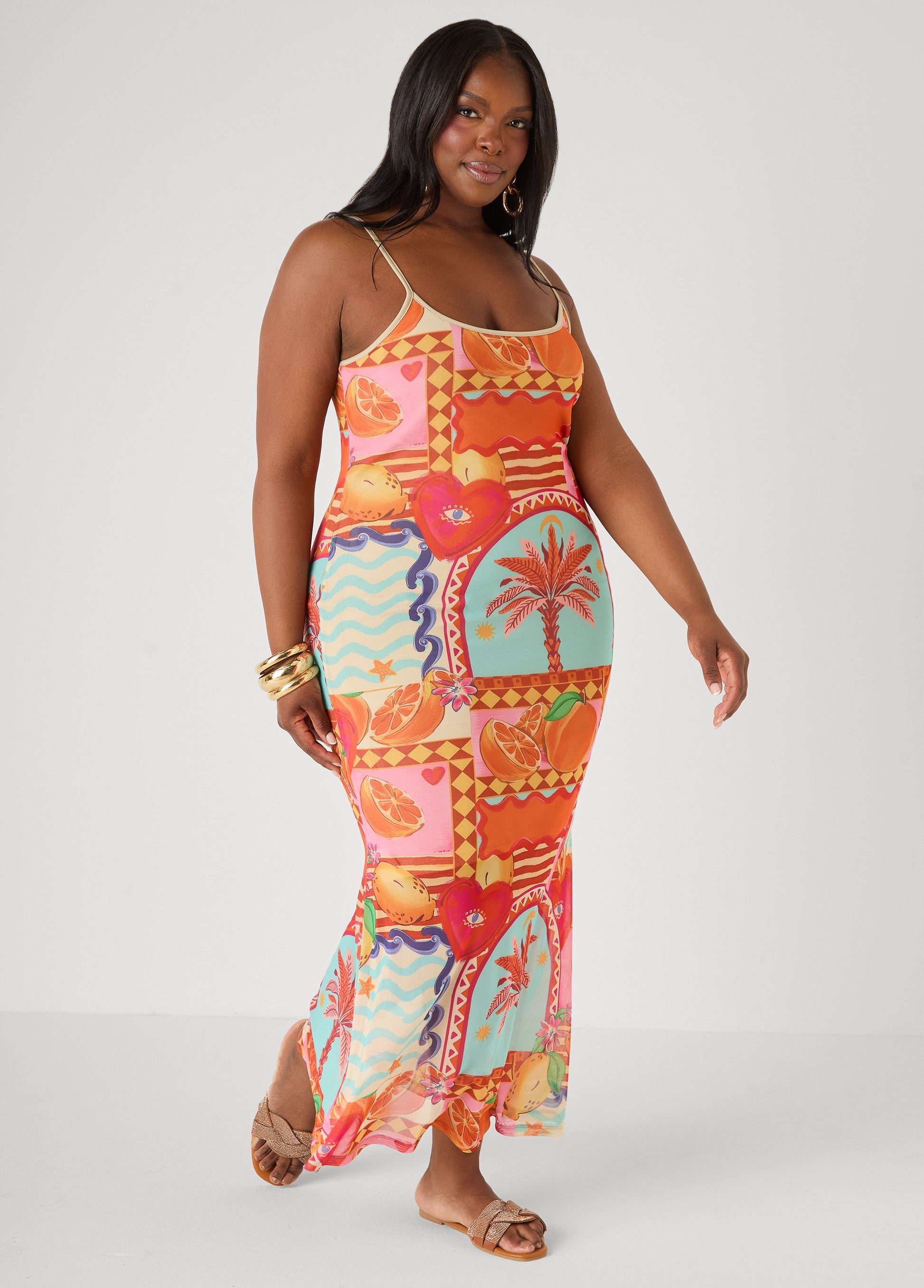 Ashley Stewart Printed Mesh Maxi Slip Dress Multi