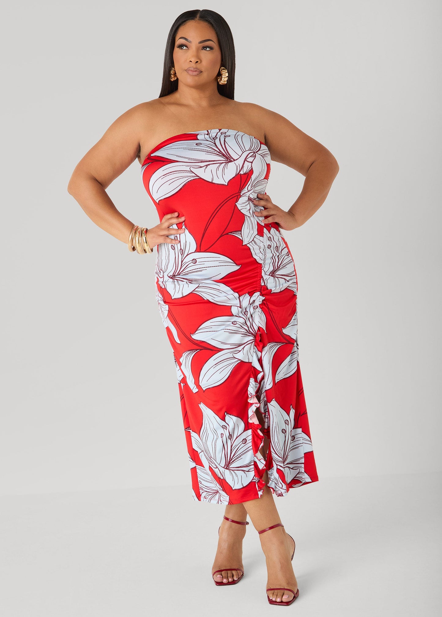 Ashley Stewart Strapless Floral Maxi Dress Poinsettia