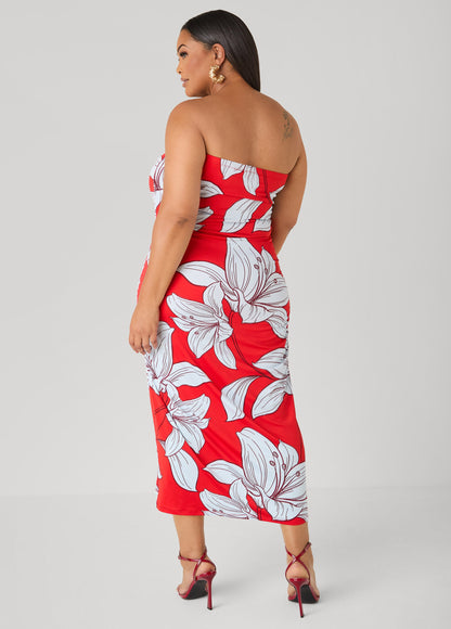 Ashley Stewart Strapless Floral Maxi Dress Poinsettia